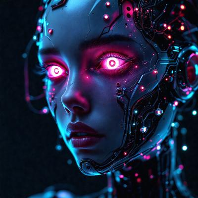 The primary subject of the image is a woman with glowing eyes, wearing a futuristic, high-tech outfit. The setting is a dark room, and the visual style is a digital art or illustration. The colors and mood of the image are predominantly blue and purple, creating a mysterious and futuristic atmosphere.